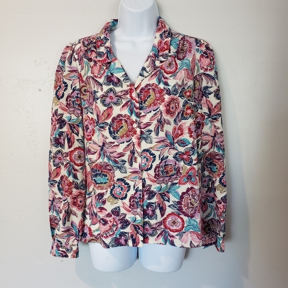 Pykettes Vintage 10 Colorful Blue Purple Pink Floral Button Up Shirt Granny